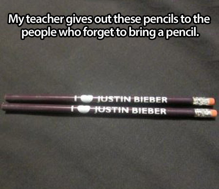 I love Justin Bieber pencil - My teacher gives out these pencils to the people who forget to bring a pencil 