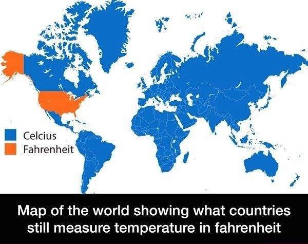 Map of the world showing what countries still measure temperature in Fahrenheit 