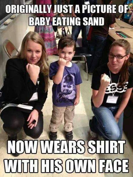 Originally just a picture of baby eating sand now wears shirt with his own face.