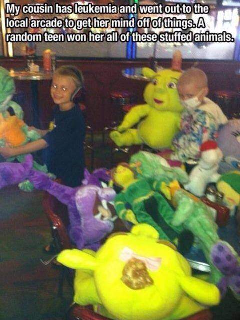 Random girl won lots of stuffed animals for girl with leukemia.