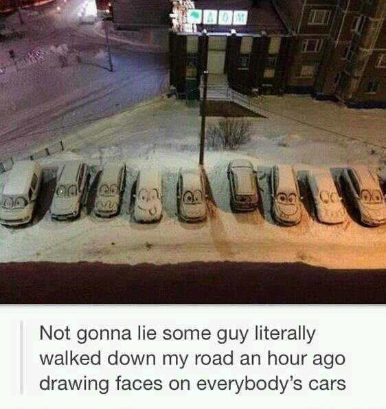 Some guy walked down my road and draw faces in snow on everybody's cars !