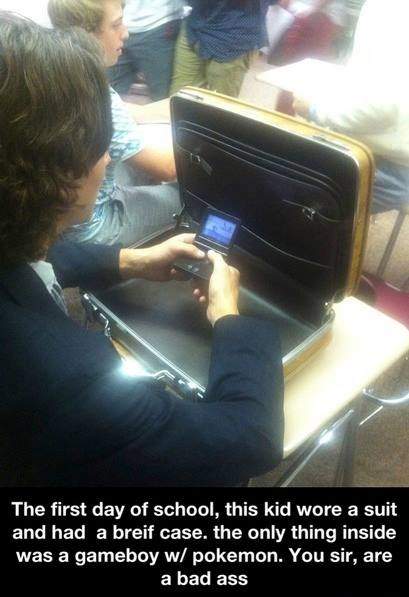 The first day of school, this kid wore a suit and had a breif case.