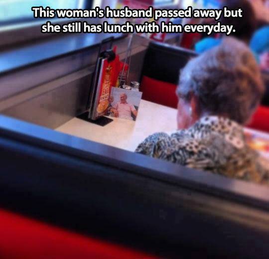 This woman's husband passed away but she still has lunch with him everyday.