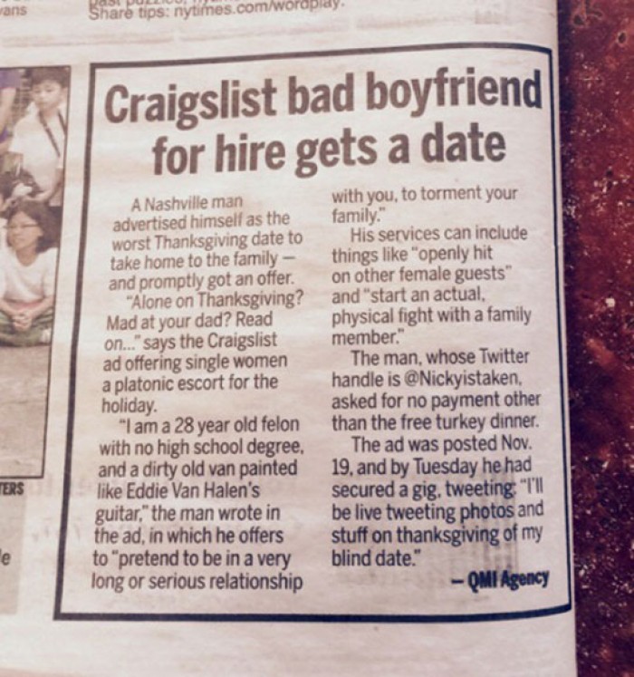 Craigslist bad boyfriend for hire gets a date