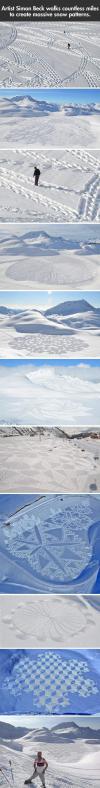 Artist simon Beck walks countless miles to create massive snow patterns.